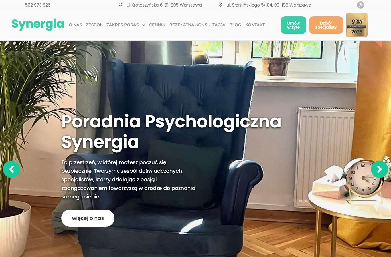 Zrzut strony głównej synergia-poradnia.pl z 25 września 2026